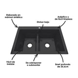 Lavaplatos Koa Doble Negro Brillante 56x25.6cm Sobrepuesto - Lavaplatos | Bylmo