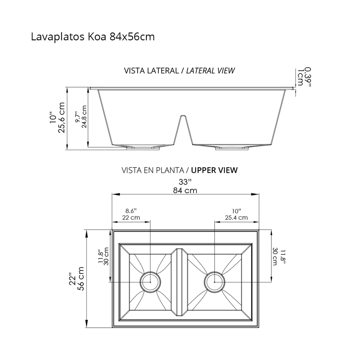 Lavaplatos Koa Doble Negro Brillante 56x25.6cm Sobrepuesto - Lavaplatos | Bylmo
