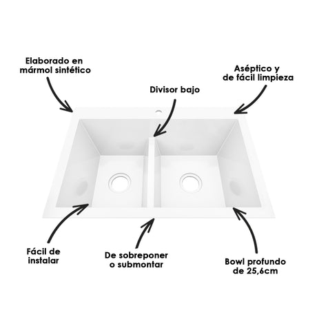 Lavaplatos Koa Doble Blanco Brillante 56x25.6cm Sobrepuesto - Lavaplatos | Bylmo