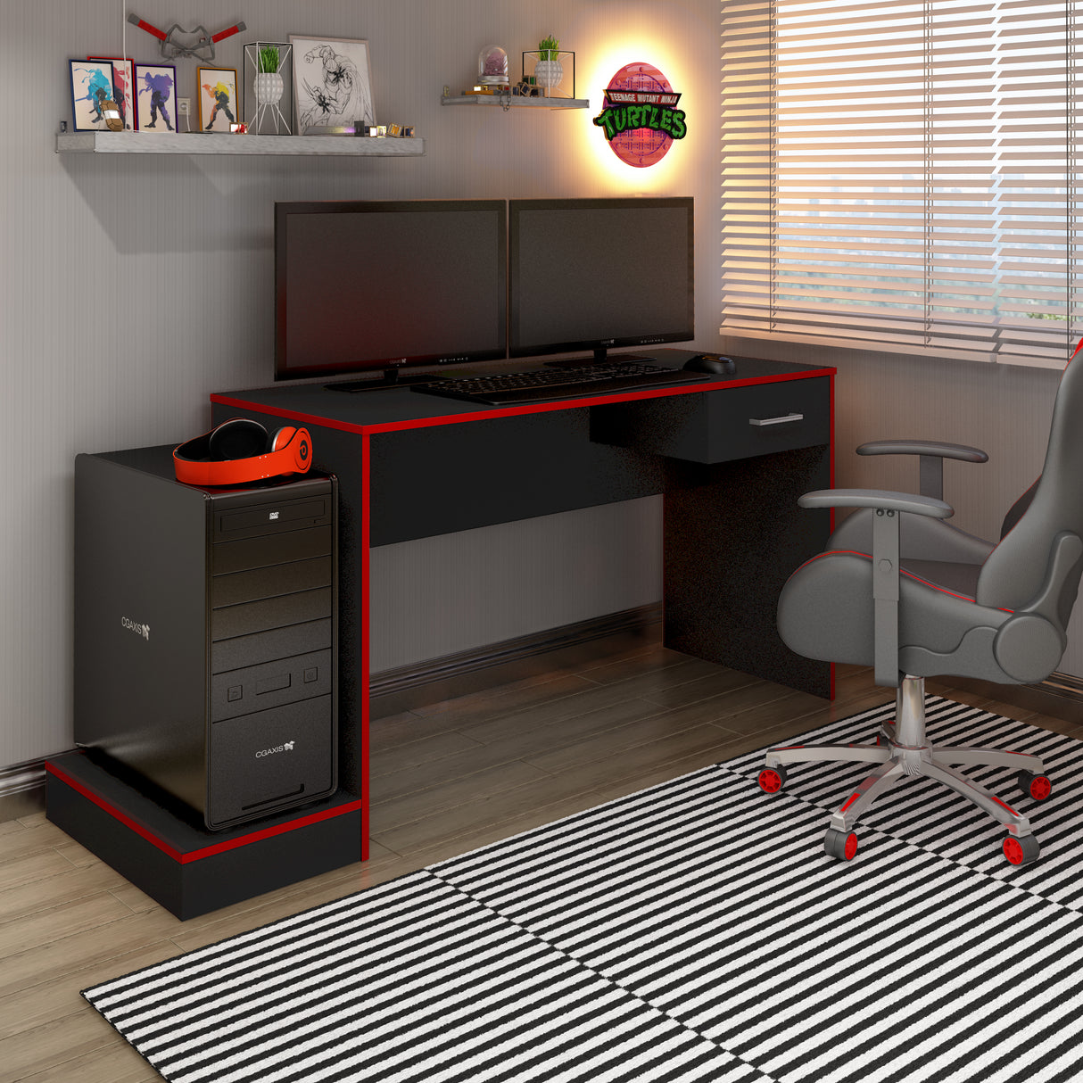 Escritorio Gamer Dakkart Negro con Rojo 133x7cm con Un Cajón - Escritorios | Bylmo
