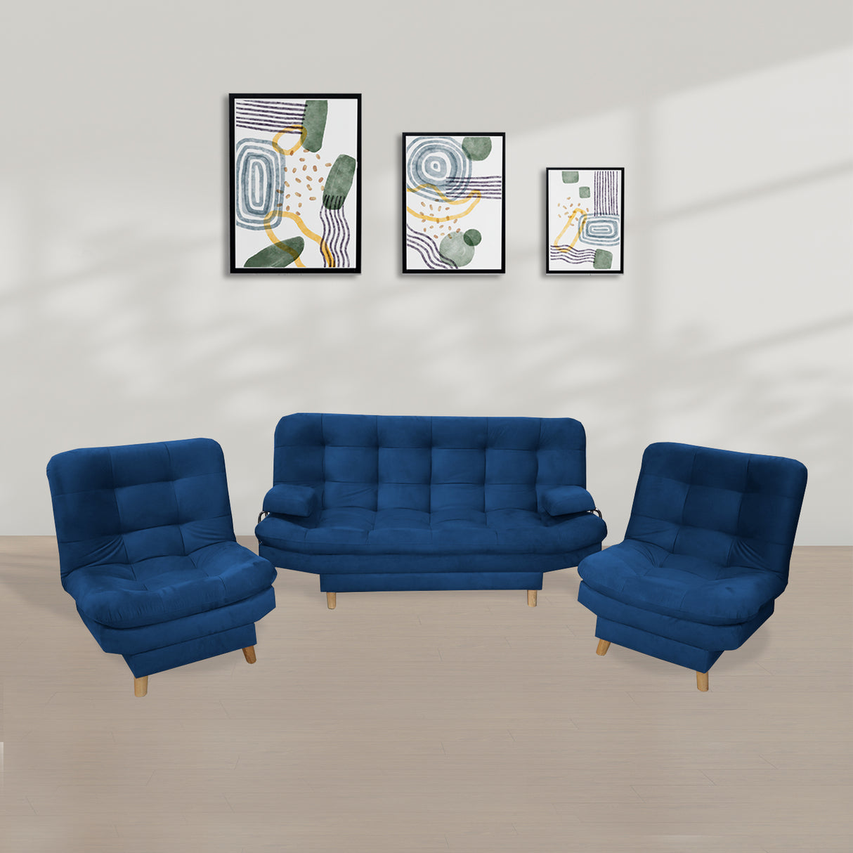 Sala Hauser Azul Petróleo 185x90cm con Sofacama y Dos Sillas - Sofas y Poltronas | Bylmo