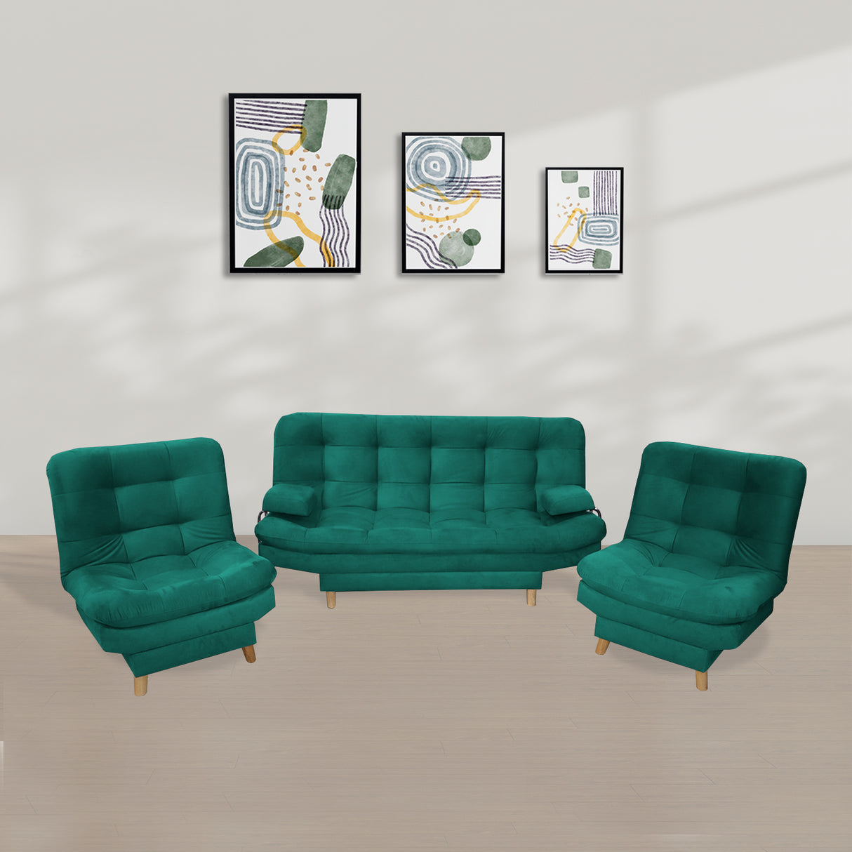 Sala Hauser Verde 185x90cm con Sofacama y Dos Sillas - Sofas y Poltronas | Bylmo