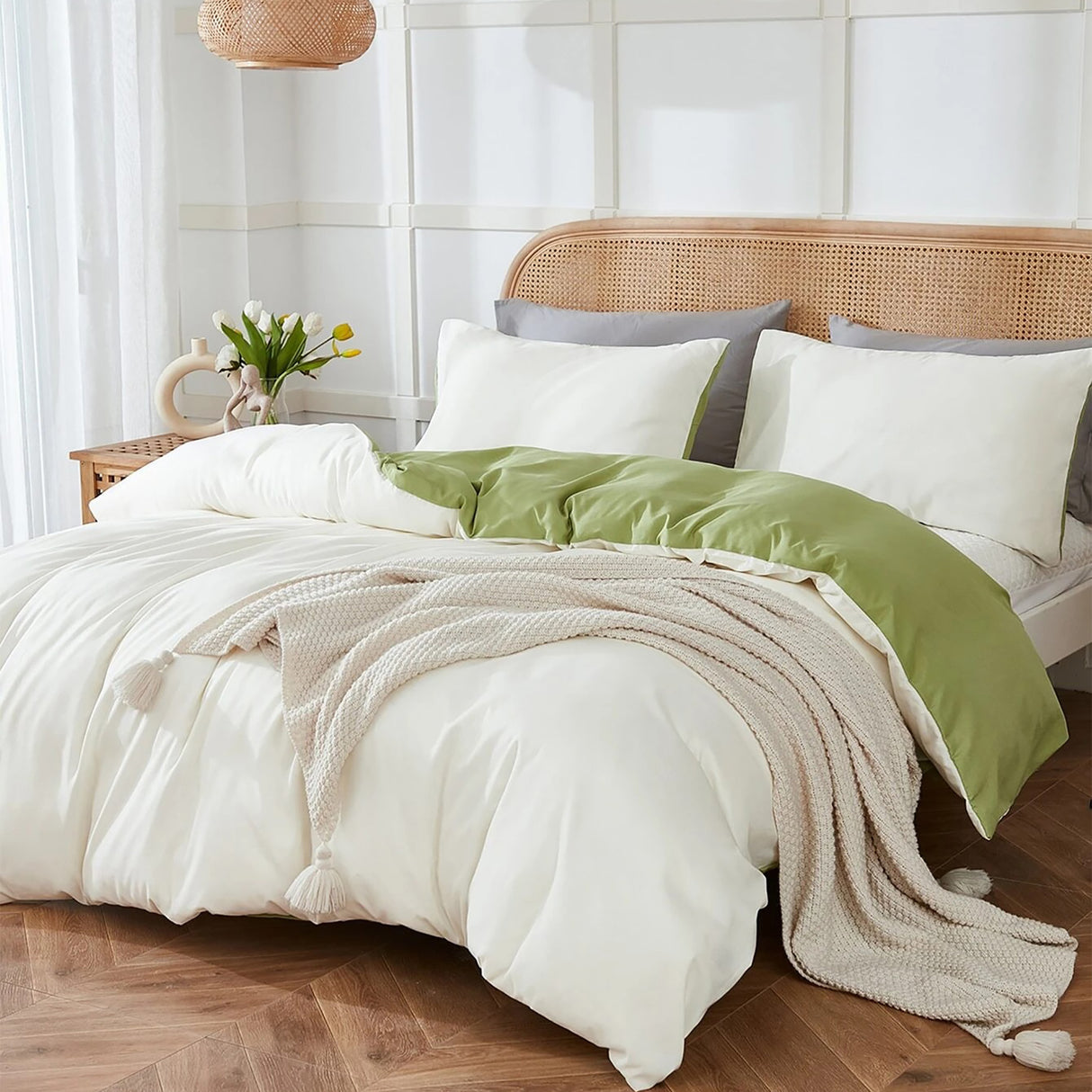 Duvet Lilis Crema Verde Para Cama Doble 140x190cm - Tendidos y Cubrelechos | Bylmo
