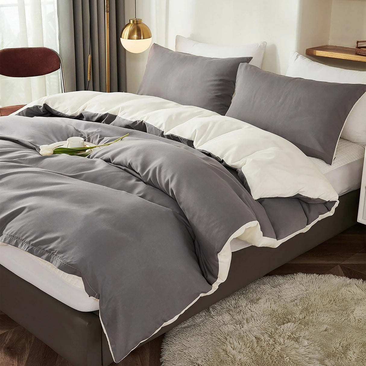 Duvet Lilis Gris Oscuro Crema Para Cama Semidoble 120x190cm - Tendidos y Cubrelechos | Bylmo