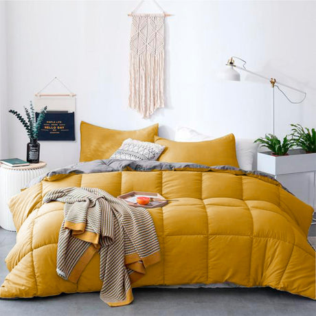 Edredón Cotona Mostaza Gris Claro Para Cama Semidoble 120x190cm - Tendidos y Cubrelechos | Bylmo