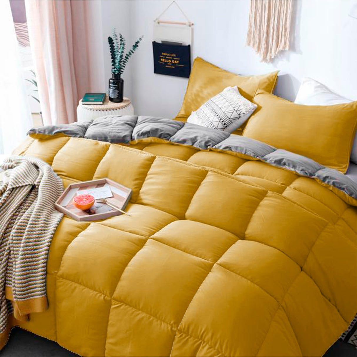 Edredón Cotona Mostaza Gris Claro Para Cama Queen 160x190cm - Tendidos y Cubrelechos | Bylmo