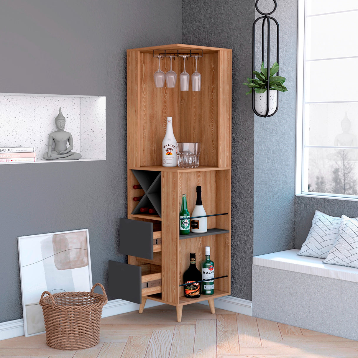 Bar Esquinero Salem Miel 50x180cm con Dos Cajones - Bares | Bylmo