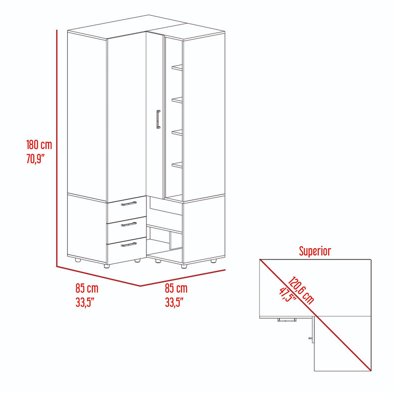 Closet Toulouse Wengue 85x180cm Esquinero Con Tres Cajones