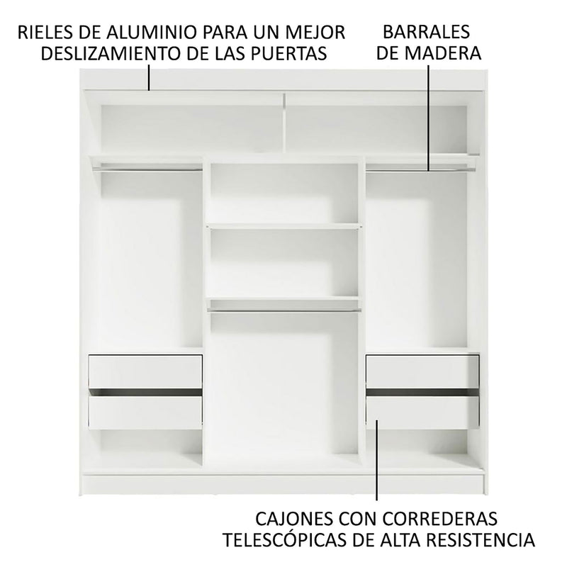 Closet Reno Blanco 180x205cm Con Espejo Y Cuatro Cajones