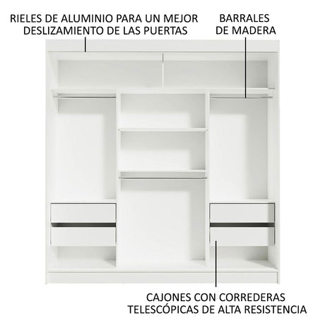 Closet Reno Blanco 180x205cm con Espejo y Cinco Cajones - Closets | Bylmo