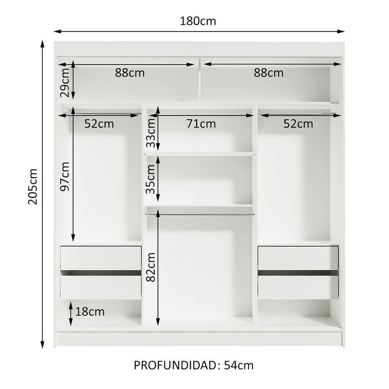 Closet Reno Blanco 180x205cm Con Espejo Y Cinco Cajones