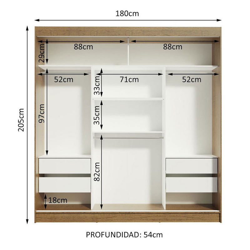 Closet Reno Marron 180x205cm Con Espejo Y Cuatro Cajones