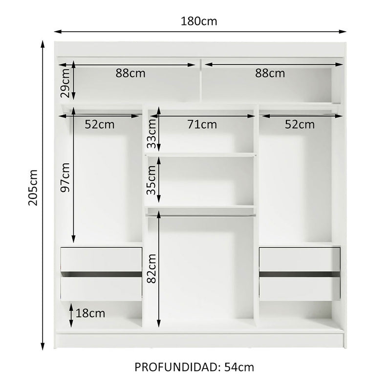 Closet Reno Blanco Y Marron 180x205cm Con Espejo Y Cuatro Cajones