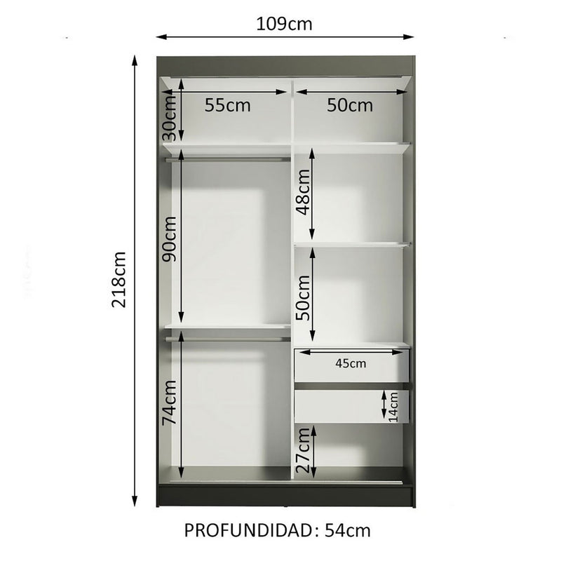 Closet Tokio Negro 109x218cm Con Espejo Y Cuatro Cajones