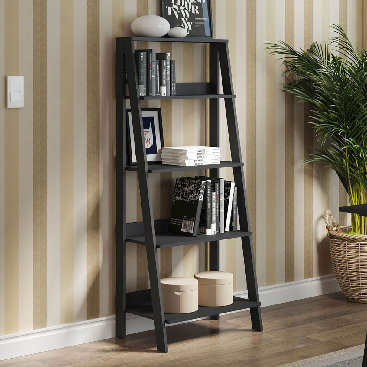 Estantería Ellie Negro 61x140cm en Escalera con Cinco Entrepaños - Bibliotecas y Estanterías | Bylmo