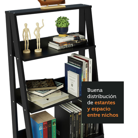 Estantería Ellie Negro 61x140cm en Escalera con Cinco Entrepaños - Bibliotecas y Estanterías | Bylmo