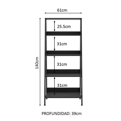 Estantería Ellie Negro 61x140cm en Escalera con Cinco Entrepaños - Bibliotecas y Estanterías | Bylmo