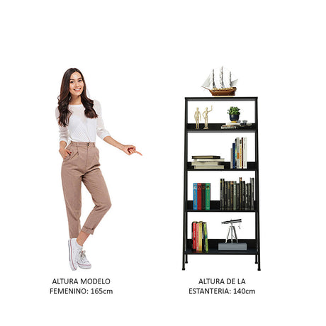 Estantería Ellie Negro 61x140cm en Escalera con Cinco Entrepaños - Bibliotecas y Estanterías | Bylmo