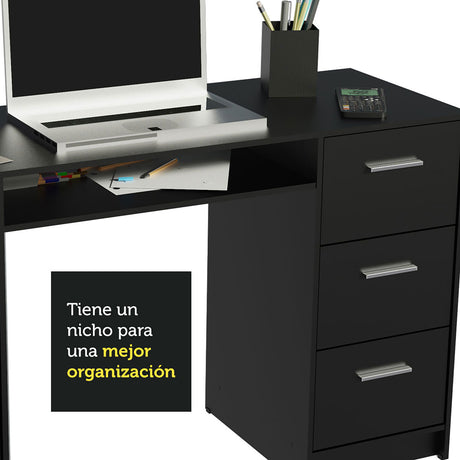 Mesa de Computador Alaska Negro 136x77cm con Tres Cajones - Escritorios | Bylmo
