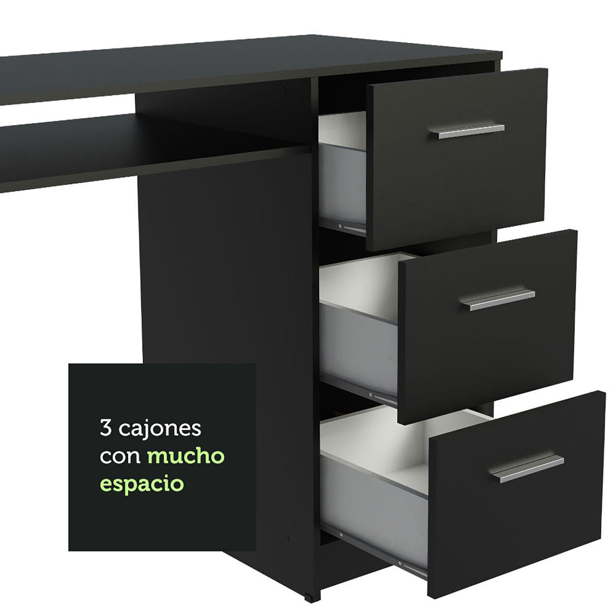 Mesa de Computador Alaska Negro 136x77cm con Tres Cajones - Escritorios | Bylmo