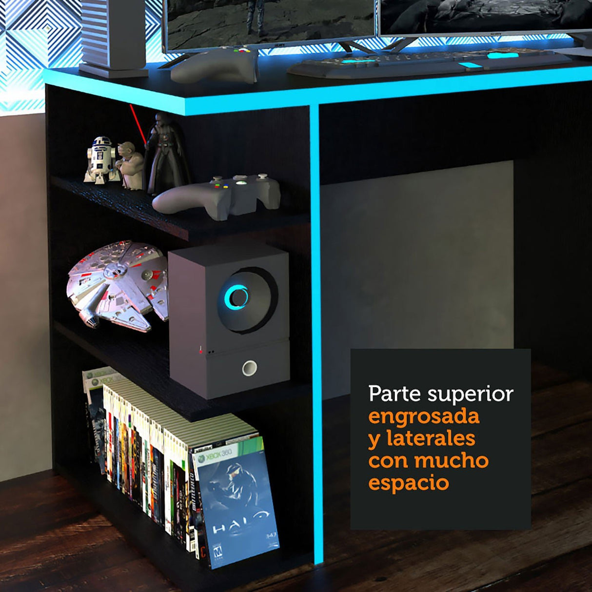 Escritorio Gamer Alaska NR Negro y Azul 136x75cm Sin Cajones - Escritorios | Bylmo