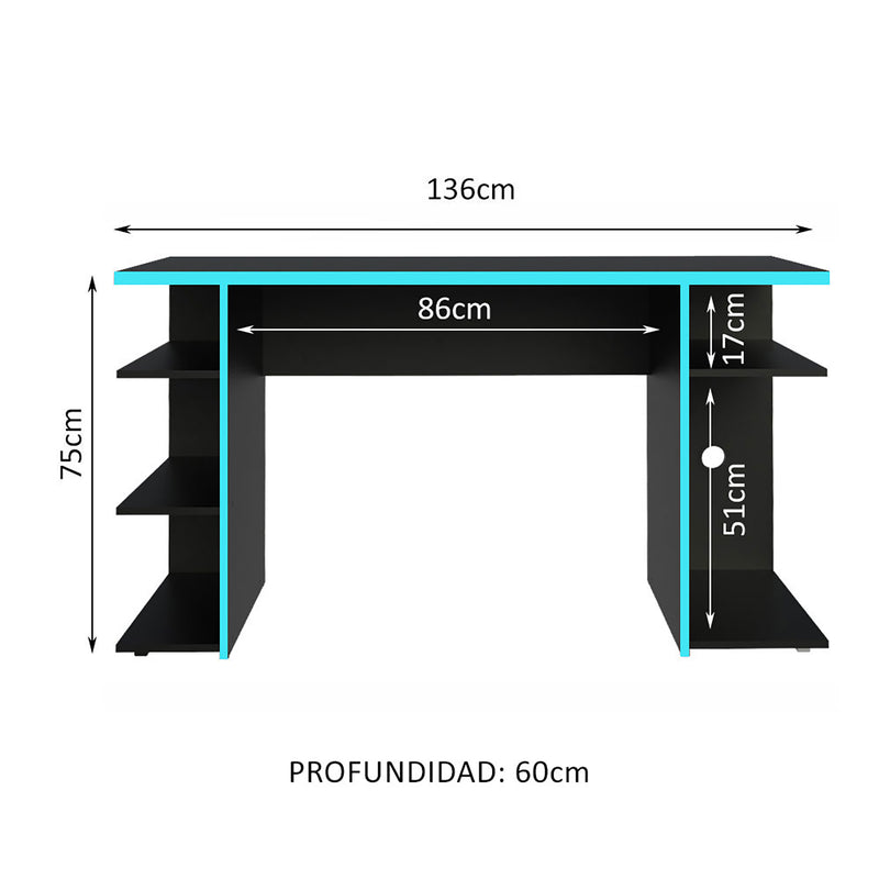 Escritorio Gamer Alaska Nr Negro Y Azul 136x75cm Sin Cajones