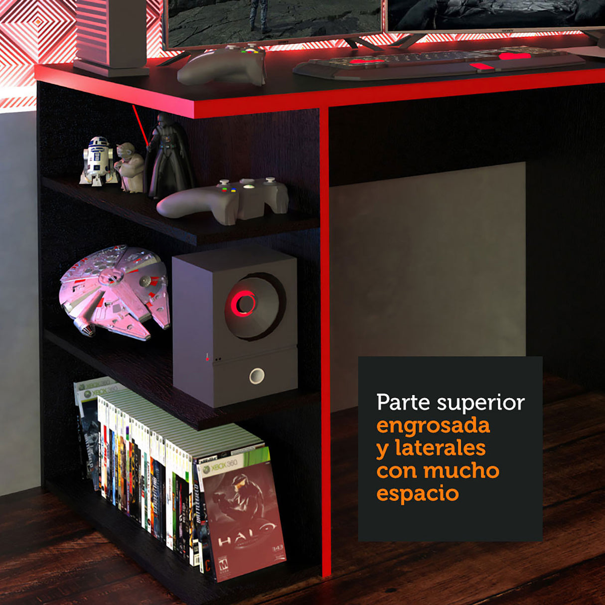 Escritorio Gamer Alaska NB Negro y Rojo 136x75cm Sin Cajones - Escritorios | Bylmo