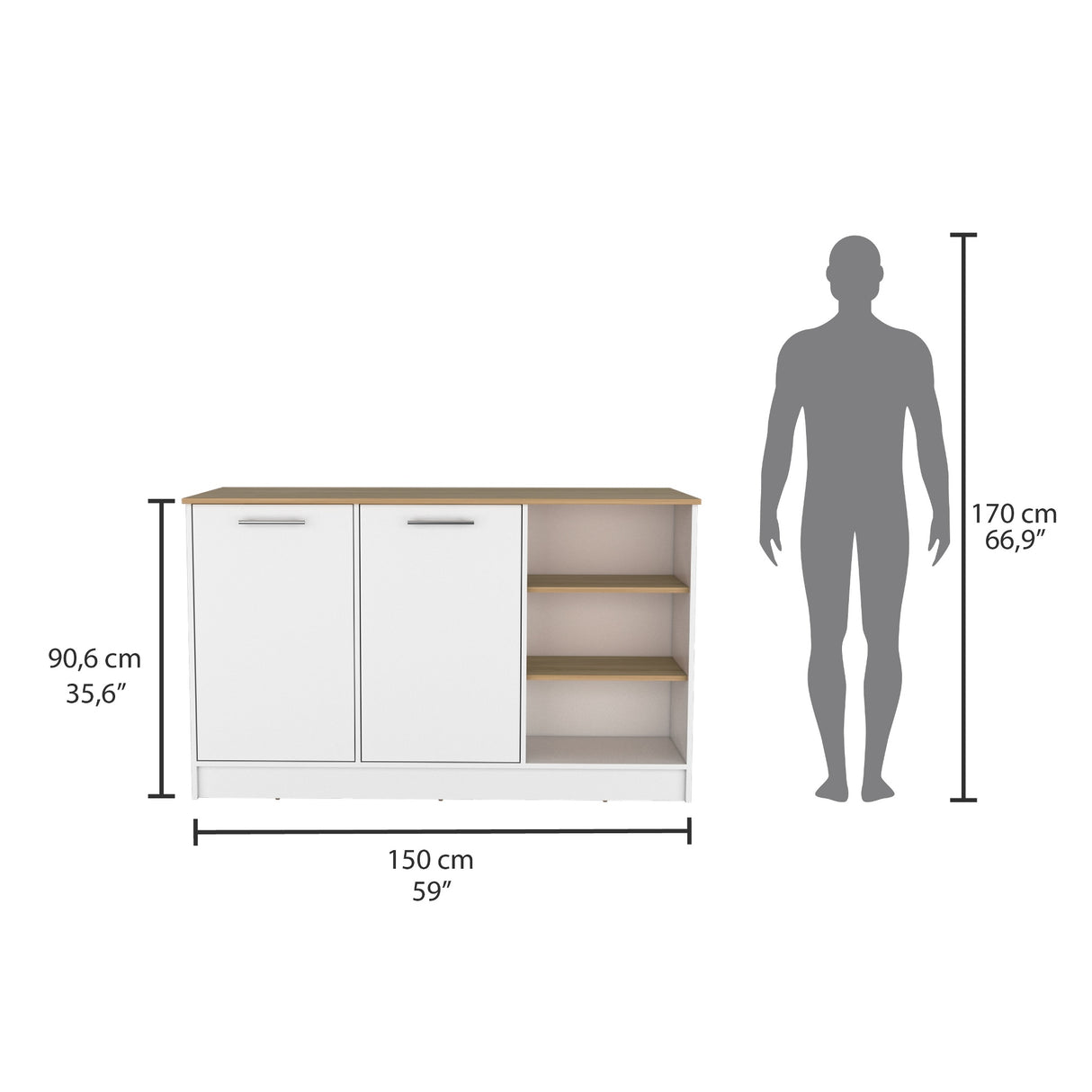 Isla de Cocina Ginger Fresno Europeo 150x90.6cm de Piso - Alacenas y Muebles Microondas | Bylmo