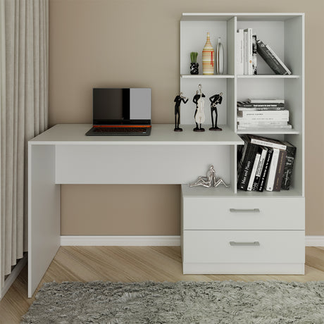 Escritorio con Biblioteca Poli Blanco 138x137.7cm con Dos Cajones - Escritorios | Bylmo