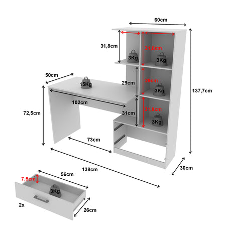 Escritorio con Biblioteca Poli Blanco 138x137.7cm con Dos Cajones - Escritorios | Bylmo