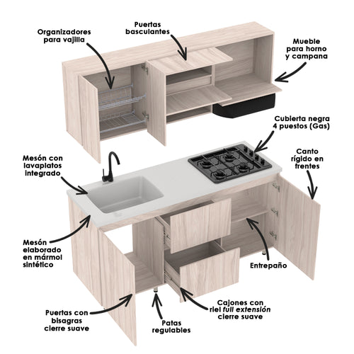 Cocina Integral Zafiro Soder 178x90cm Con Mesón Y Estufa