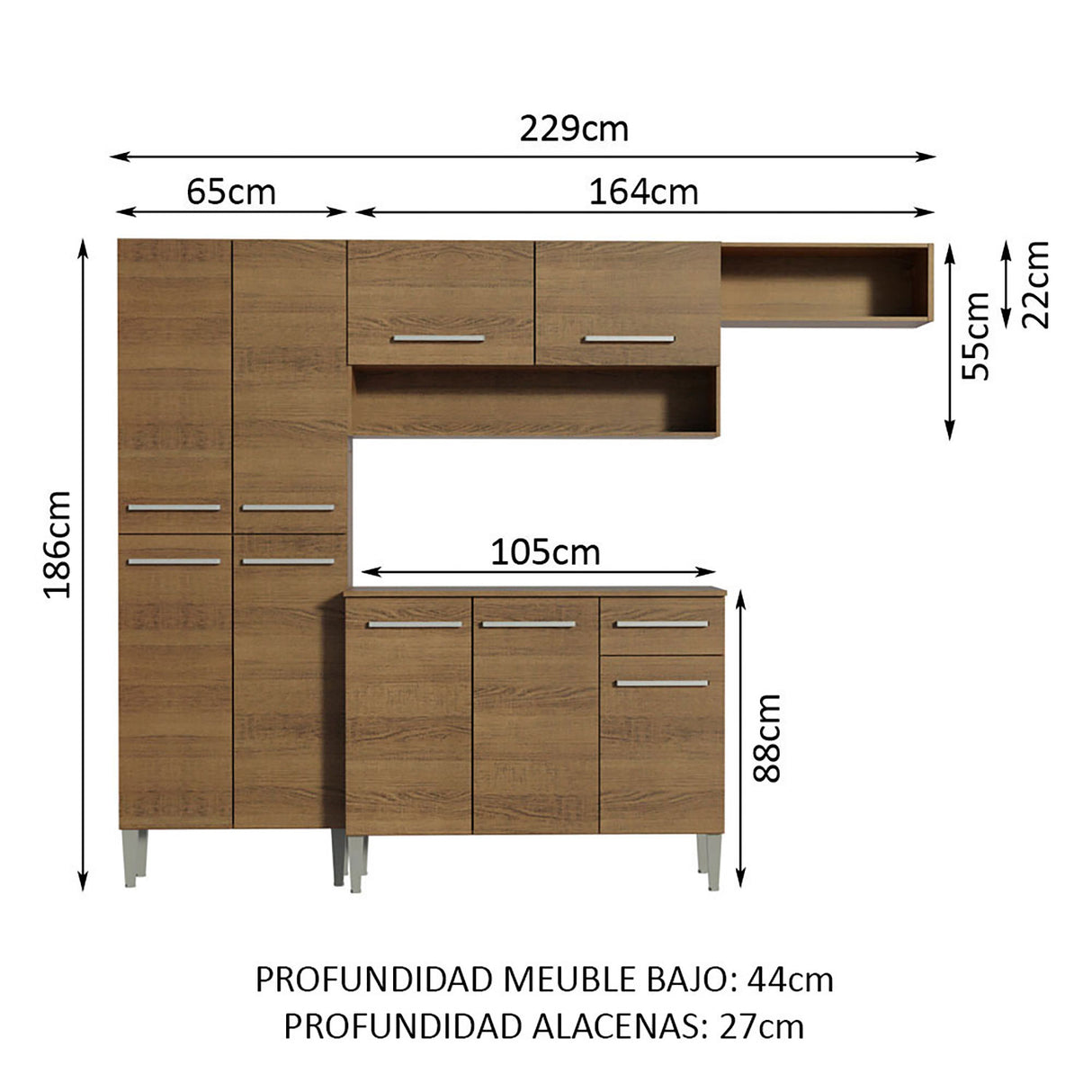 Cocina Integral Emilly Top Marron 229x186cm Con Mesón de Madera - Cocinas | Bylmo