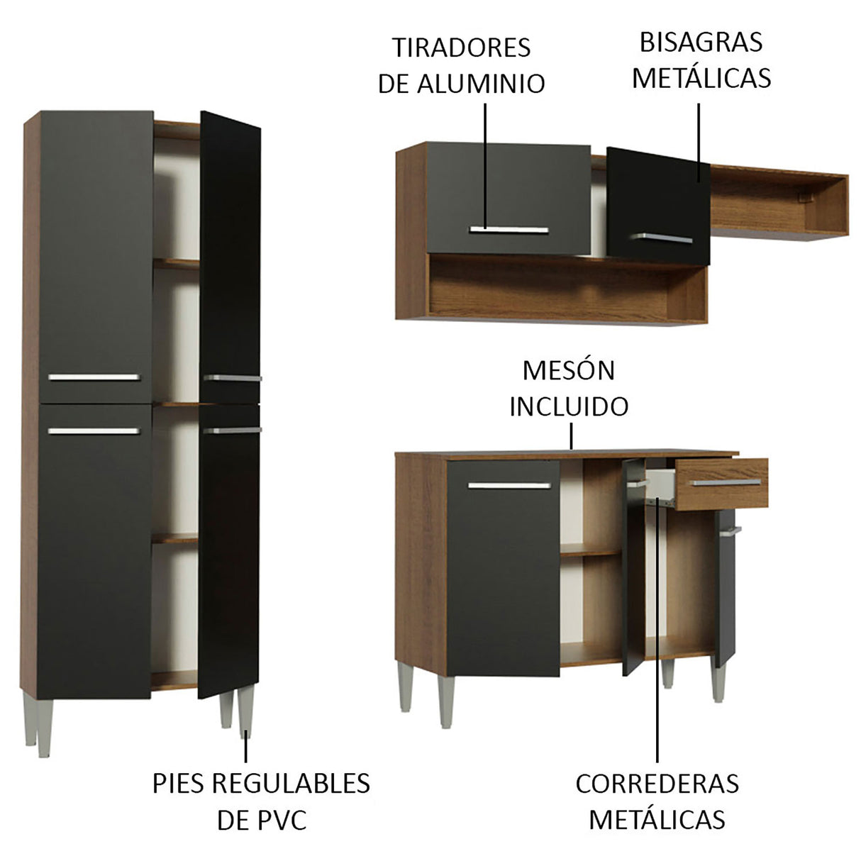 Cocina Integral Emilly Top Marron y Negro 229x186cm con Mesón de Madera - Cocinas | Bylmo