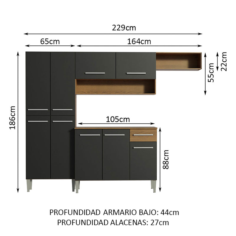 Cocina Integral Emilly Top Marron Y Negro 229x186cm Sin Mesón