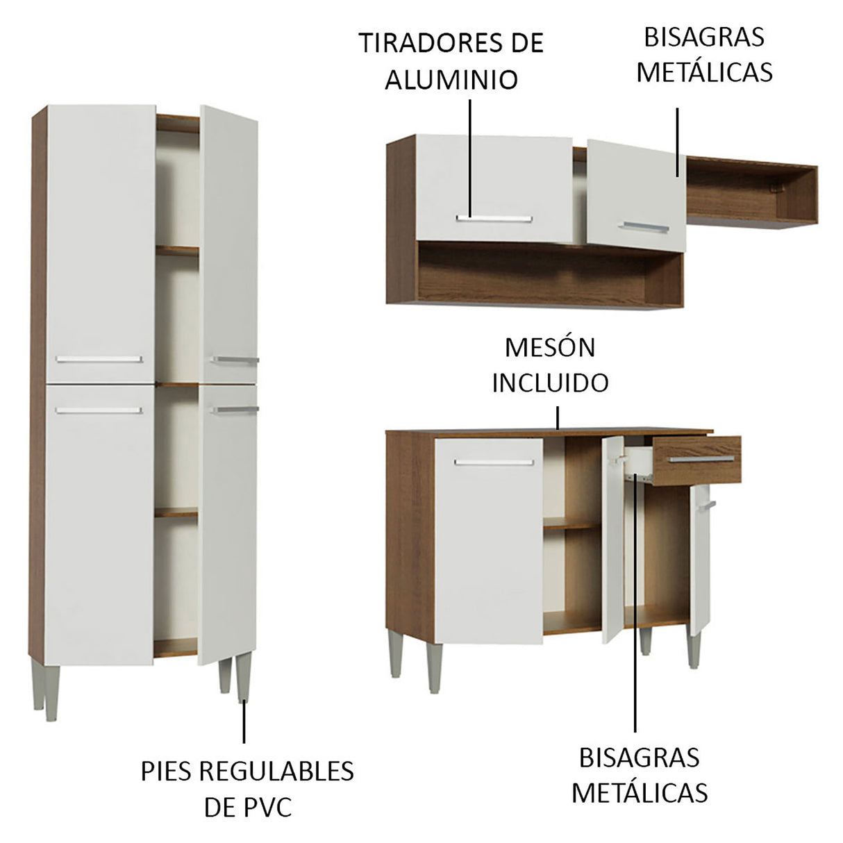 Cocina Integral Emilly Top Marron y Blanco 229x186cm con Mesón de Madera - Cocinas | Bylmo