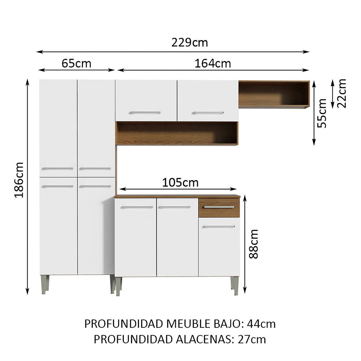 Cocina Integral Emilly Top Marron y Blanco 229x186cm con Mesón de Madera - Cocinas | Bylmo