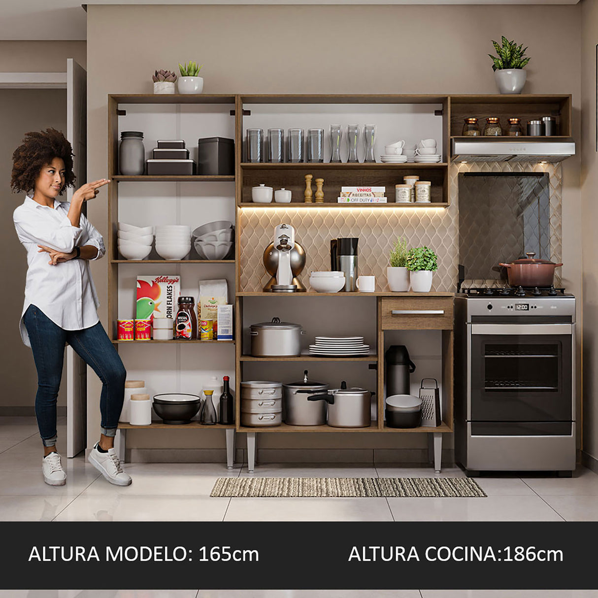 Cocina Integral Emilly Top Marron y Blanco 229x186cm con Mesón de Madera - Cocinas | Bylmo