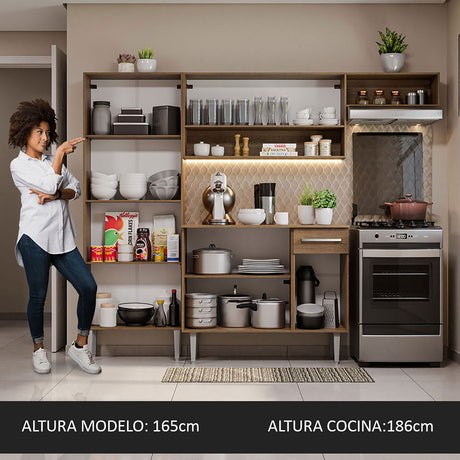 Cocina Integral Emilly Top Marron y Blanco 229x186cm con Mesón de Madera - Cocinas | Bylmo