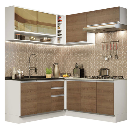 Cocina Integral Glamy Blanco y Marron 349x225cm sin Mesón con Puertas de Cristal Reflex - Cocinas | Bylmo