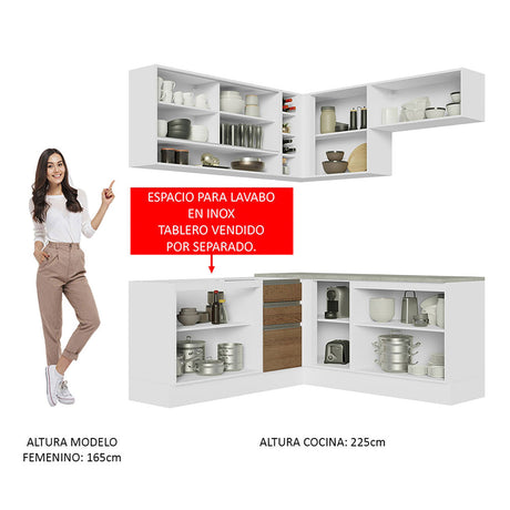 Cocina Integral Glamy Blanco y Marron 349x225cm sin Mesón con Puertas de Cristal Reflex - Cocinas | Bylmo