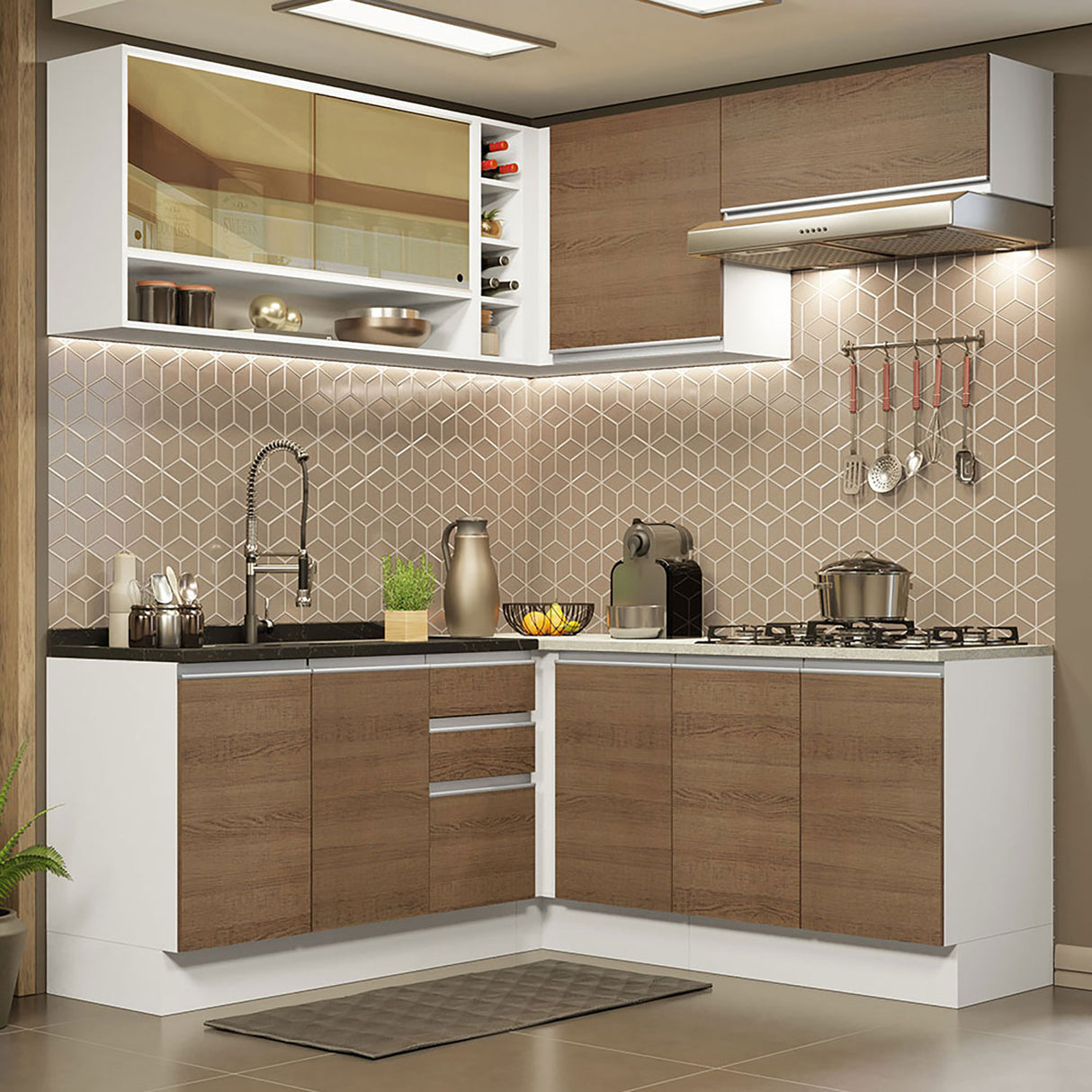 Cocina Integral Glamy Blanco y Marron 349x225cm sin Mesón con Puertas de Cristal Reflex - Cocinas | Bylmo