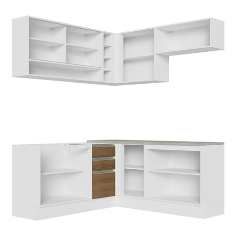 Cocina Integral Glamy Blanco y Marron 349x225cm sin Mesón con Puertas de Cristal Reflex - Cocinas | Bylmo