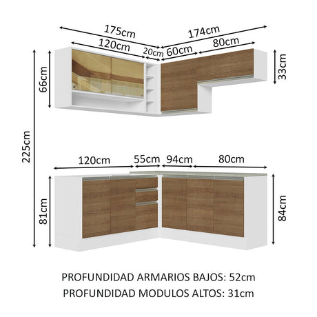 Cocina Integral Glamy Blanco y Marron 349x225cm sin Mesón con Puertas de Cristal Reflex - Cocinas | Bylmo