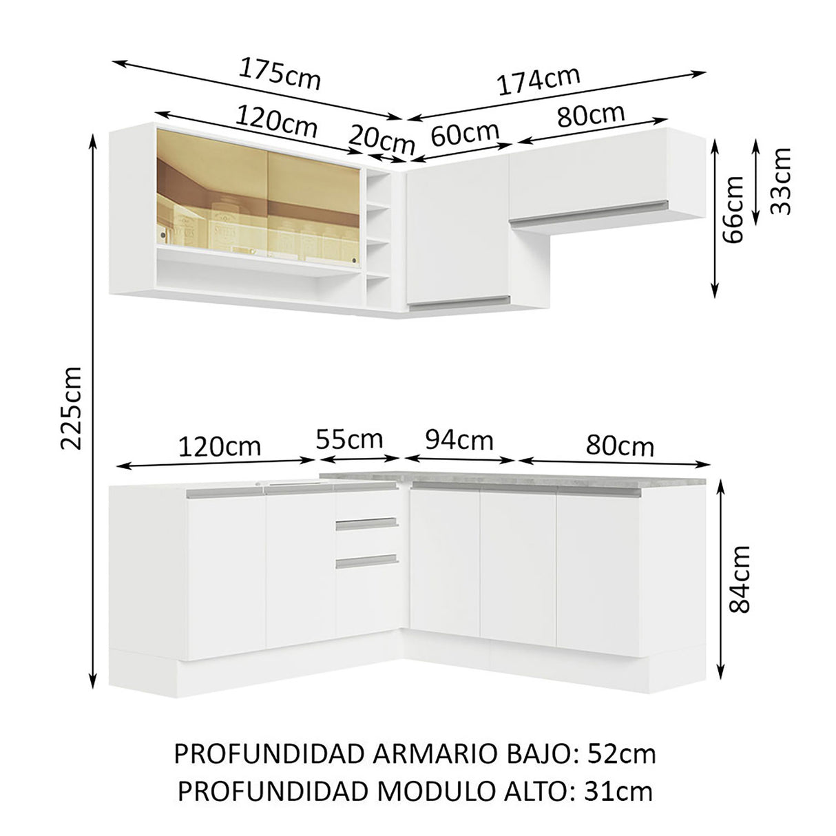 Cocina Integral Glamy Blanco 349x225cm sin Mesón con Puertas de Cristal Reflex - Cocinas | Bylmo