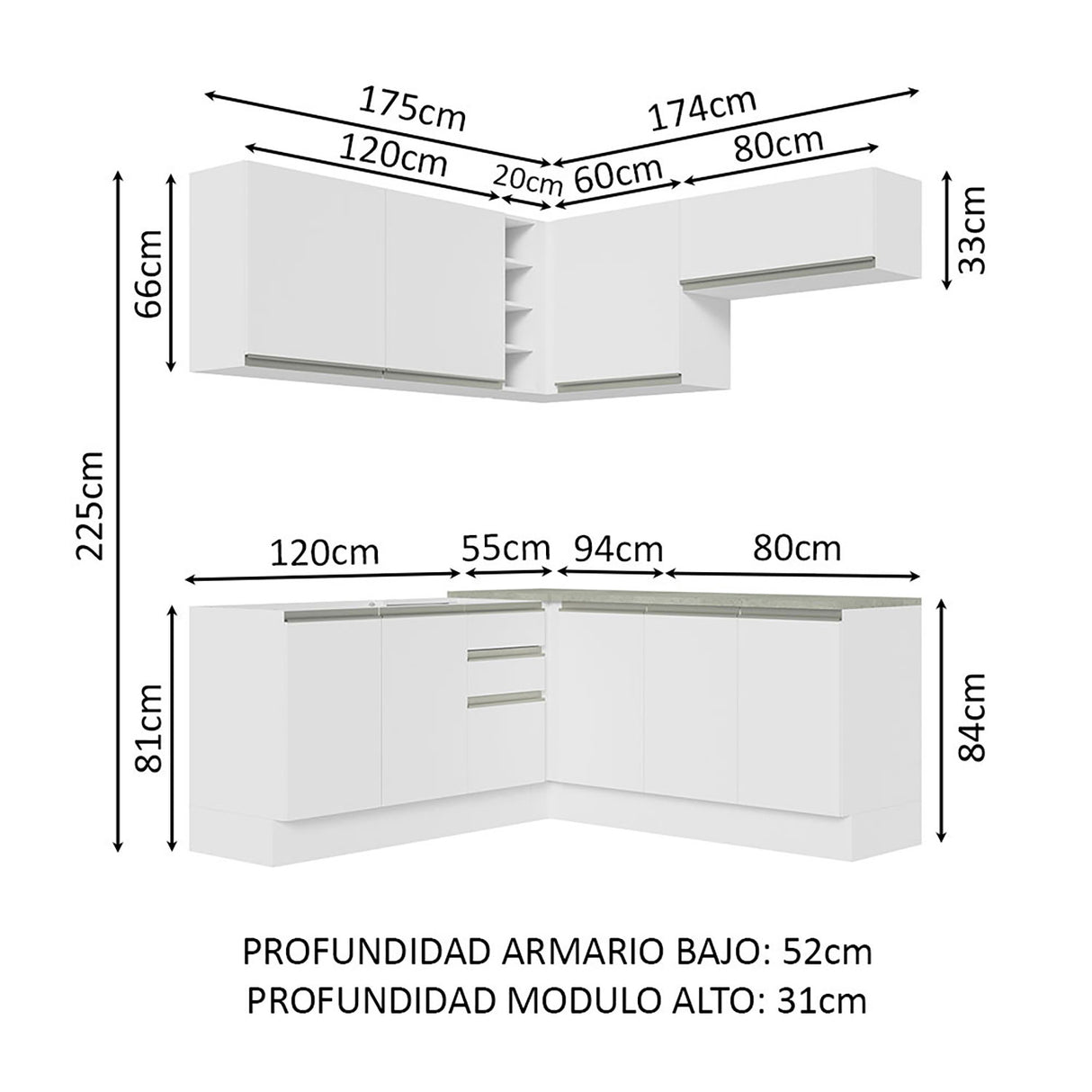 Cocina Integral Glamy Blanco 349x225cm sin Mesón - Cocinas | Bylmo