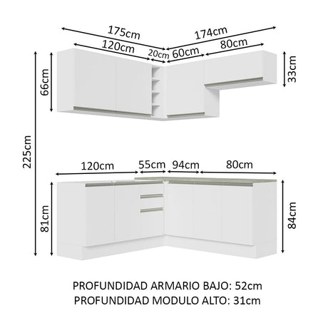 Cocina Integral Glamy Blanco 349x225cm sin Mesón - Cocinas | Bylmo