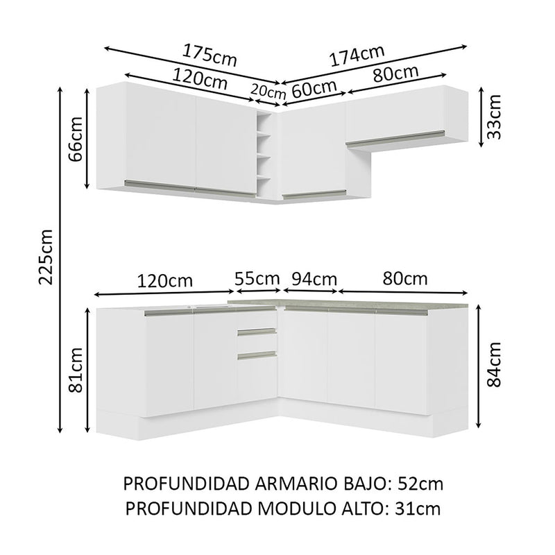 Cocina Integral Glamy Blanco 349x225cm Sin Mesón