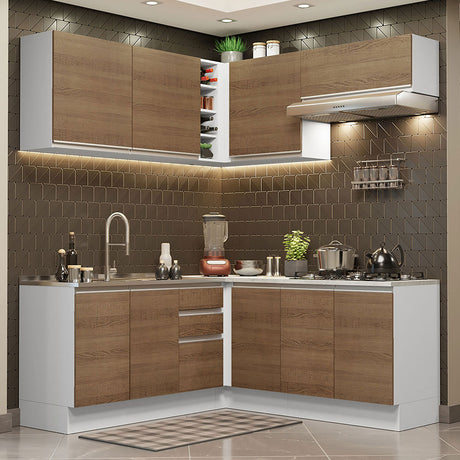 Cocina Integral Glamy Blanco y Marron 349x225cm sin Mesón - Cocinas | Bylmo