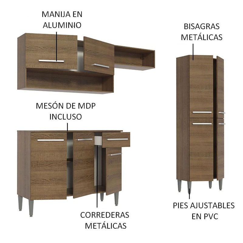 Cocina Integral Emilly Pop Marron 229x186cm Con Mesón