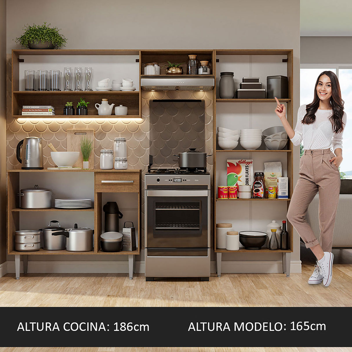 Cocina Integral Emilly Pop Marron y Negro 229x186cm con Mesón de Madera - Cocinas | Bylmo